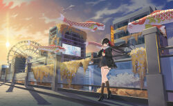  absurdres against_railing black_hair black_jacket black_serafuku black_shirt black_skirt boost404 chisa_(wuthering_waves) commentary evening female ferris_wheel hair_ribbon highres holding jacket long_hair outdoors railing red_eyes red_ribbon ribbon sailor_collar school_uniform serafuku shirt skirt solo white_sailor_collar wuthering_waves 