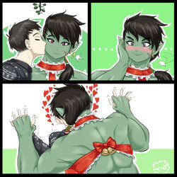  ... 1boy 1girls bell black_hair blush christmas closed_eyes earrings fangs female green_skin hand_holding heart hi_res human imperiumdraws kissing kissing_cheek light-skinned_male light_skin love male mistletoe muscular muscular_female orc orc_female pointy_ears red_eyes ribbon scar tied_hair wholesome 