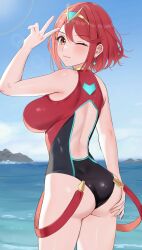  amayo_thranana ass breasts cloud commentary_request cowboy_shot day female from_behind highres large_breasts looking_at_viewer looking_back ocean one-piece_swimsuit one_eye_closed outdoors pyra_(pro_swimmer)_(xenoblade) pyra_(xenoblade) red_eyes red_hair red_one-piece_swimsuit short_hair sky solo suspenders swimsuit tiara v water xenoblade_chronicles_(series) xenoblade_chronicles_2 