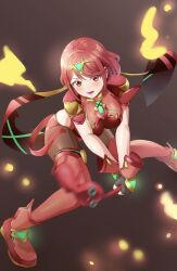  absurdres amayo_thranana backless_outfit bent_over black_eyes black_gloves bob_cut breasts chest_jewel colored_skin commentary_request core_crystal_(xenoblade) earrings female fingerless_gloves fire floating_earrings gloves highres impossible_clothes jewelry large_breasts leaf no_mouth pantyhose pantyhose_under_shorts pikmin_(creature) pikmin_(series) pointy_nose pyra_(xenoblade) red_eyes red_hair red_pikmin red_shorts red_skin short_hair short_sleeves shorts squatting super_smash_bros. suspenders swept_bangs thighhighs thighhighs_over_pantyhose tiara v-shaped_eyebrows xenoblade_chronicles_(series) xenoblade_chronicles_2 