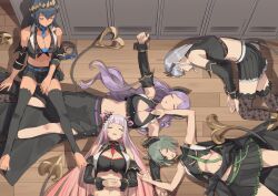  5girls atsushima barefoot belt between_breasts black_hair black_shirt black_skirt black_sleeves black_thighhighs black_vest blue_belt blue_necktie breasts cleavage closed_eyes collared_shirt commentary_request crop_top demon_girl demon_horns demon_tail detached_sleeves full_body gradient_hair green_belt green_hair green_necktie grey_hair hair_between_eyes highres honey_strap horns large_breasts locker locker_room long_bangs long_hair long_sleeves medium_bangs miniskirt multicolored_hair multiple_girls nanashi_inc. necktie necktie_between_breasts on_floor open_mouth pink_hair pleated_skirt pointy_ears purple_belt purple_hair purple_necktie red_necktie saionji_mary sekishiro_mico shimamura_charlotte shirt short_hair sitting skirt sleeping sleeveless sleeveless_shirt sougetsu_eli suou_patra tail tan thighhighs underboob very_long_hair vest virtual_youtuber white_belt white_vest wooden_floor 