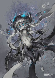  abyssal_ship black_cape black_gloves blue_eyes breasts bubble cane cape character_name colored_skin female gloves glowing grey_hair grey_skin hair_between_eyes highres holding holding_cane kantai_collection konno_takashi looking_at_viewer medium_breasts multicolored_hair parted_lips solo tentacle torn_cape torn_clothes underwater white_hair wo-class_aircraft_carrier 