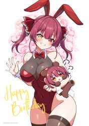  animal_ear_hairband animal_ears bare_shoulders black_thighhighs blush bow bowtie breasts chibi cleavage commentary_request covered_navel curvy fake_animal_ears female grin groin hair_ribbon hairband happy_birthday heterochromia highleg highleg_leotard hololive houshou_kumarine houshou_marine large_breasts leotard long_hair looking_at_viewer narrow_waist playboy_bunny rabbit_ear_hairband rabbit_ears red_bow red_bowtie red_eyes red_hair red_hairband red_leotard red_ribbon ribbon see-through see-through_cleavage skindentation smile solo thighhighs torinokawori twintails virtual_youtuber waving wide_hips yellow_eyes 