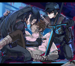  3boys angry baihuahua5441 baseball_cap black_footwear black_hair black_shirt black_vest blood blood_splatter brown_hair dark-skinned_male dark_skin extra_arms gloves hat heathcliff_(project_moon) highres holding holding_knife holding_screwdriver holding_wrench hong_lu_(project_moon) knife legs_apart legs_up limbus_company long_hair looking_at_another male_focus mechanical_arms multicrack_office_(identity)_(project_moon) multiple_boys necktie ponytail project_moon screwdriver shirt spread_legs stab turtleneck vest w_corp._(identity)_(project_moon) white_shirt wrench yi_sang_(project_moon) 