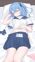  absurdres bed_sheet blue_bow blue_bowtie blue_hair blue_ribbon blue_sailor_collar blue_skirt blush bow bowtie character_name closed_eyes female hair_ribbon hand_on_own_stomach highres hololive hoshimachi_suisei id_card long_hair lying navel nude omiyatei on_back on_bed one_side_up panties parted_lips pillow pink_panties pleated_skirt ribbon sailor_collar sailor_shirt school_uniform serafuku shirt short_sleeves skirt sleeping solo underwear unworn_bowtie unworn_panties unworn_shirt unworn_skirt virtual_youtuber 