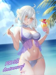  :o alternate_costume alternate_hairstyle angie03 anniversary antenna_hair bikini blue_sky blush braid breasts cleavage cloud collarbone commentary copyright_name cup day english_commentary fate/grand_order fate_(series) female hair_between_eyes highres holding holding_cup holding_spoon instagram_username looking_at_viewer medium_breasts navel ocean olga_marie_animusphere outdoors palm_tree purple_bikini see-through signature sky solo spoon stomach sunlight swimsuit tree twitter_username water white_hair yellow_eyes 