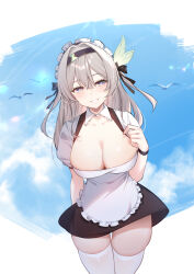  alternate_costume bird black_dress black_hairband blue_sky blush breasts cleavage cloud cloudy_sky commentary_request dress enmaided female firefly_(honkai:_star_rail) grey_hair hair_between_eyes hairband highres honkai:_star_rail honkai_(series) large_breasts long_hair looking_at_viewer maid maid_headdress purple_eyes short_sleeves skindentation sky smile solo thighhighs thighs white_headdress white_thighhighs xion32 