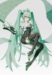  absurdres antenna_hair black_bodysuit black_gloves black_thighhighs bodysuit chouti_ttt closed_mouth commentary cropped_jacket english_commentary expressionless eyelashes female flag full_body gloves goodsmile_racing green_eyes green_footwear green_hair green_outline grey_background hair_between_eyes hair_ornament hatsune_miku high_heels highres holding holding_flag jacket long_hair long_sleeves navel outline racing_miku racing_miku_(2022) sitting solo stirrup_footwear thighhighs turtleneck turtleneck_jacket twintails very_long_hair vocaloid white_jacket 