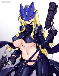  absurdres beelstarmon belt belt_collar black_belt black_gloves black_jacket black_mask black_pants black_scarf black_vest blonde_hair breasts collar cowboy_shot cropped_vest digimon digimon_(creature) dual_wielding english_commentary eye_mask female finger_on_trigger gloves gun hand_up highres holding holding_gun holding_weapon jacket jrpulse large_breasts leather leather_jacket leather_pants long_hair long_sleeves looking_at_viewer mask multiple_barrel_gun navel navel_piercing open_clothes open_jacket pants parted_lips piercing red_eyes scarf sidelocks smile solo standing stomach third_eye tight_clothes tight_pants twitter_username underboob vest weapon zipper 