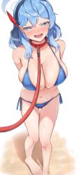  absurdres ako_(blue_archive) alternate_costume amepa_(ame_pinecandy) animal_collar arms_behind_back bare_legs bare_shoulders barefoot bikini blue_archive blue_bikini blue_eyes blue_hair blush breasts choker cleavage collar female foot_out_of_frame hair_ornament halo highres large_breasts leash legs looking_at_viewer open_mouth side-tie_bikini_bottom simple_background skindentation smile solo standing stomach string_bikini sweat swimsuit tearing_up toes viewer_holding_leash white_background 