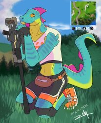  absurd_res anthro athletic clothing epic_games footwear fortnite green_body hi_res jaiba kneeling lizard lizzik_(fortnite) male reptile scalie shoes solo tail tongue tongue_out weapon 