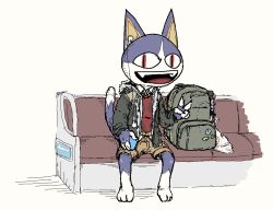  animal_crossing anthro backpack blue_body blue_fur bottomwear cargo_shorts clothing doesidoe earbuds electronics felid fur headphones hoodie humanoid i-pod male mammal nintendo plastic_bag rover_(animal_crossing) seats shorts solo sweater sweater_vest thermos topwear vest white_body white_fur 