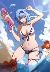  absurdres arm_up bikini black_hairband blue_hair blue_sky breasts chinese_commentary commentary_request eula_(genshin_impact) female genshin_impact hairband halterneck hand_up highres holding holding_water_gun jumpy_dumpty kazezz large_breasts layered_bikini mismatched_bikini navel one_eye_closed open_mouth outdoors partial_commentary purple_eyes revision short_hair side-tie_bikini_bottom sky solo stomach swimsuit thighs wading water water_gun white_bikini 