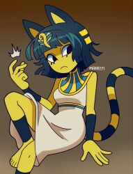  5_fingers absurd_res animal_crossing ankha_(animal_crossing) anthro clothed clothing domestic_cat feet felid feline felis female fingers frown hair hi_res mammal markings marreeps nintendo solo striped_markings striped_tail stripes tail tail_markings yellow_body 