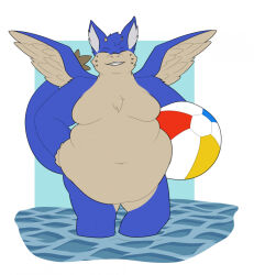  2022 2_horns angel_dragon anthro ball beach_ball belly bent_arm big_belly blue_body blue_fur blue_tail blue_wings cheek_tuft chest_tuft closed_eyes digital_drawing_(artwork) digital_media_(artwork) dragon facial_tuft fangs feathered_wings feathers flat_colors front_view fur grey_inner_ear_fluff hand_on_hip hi_res holding_beach_ball horn ikun_(crowred) inflatable inner_ear_fluff long_tail male moobs multicolored_body multicolored_fur mythological_creature mythological_scalie mythology navel nude nude_anthro nude_male obese obese_anthro obese_male overweight overweight_anthro overweight_male partially_submerged rectangle scalie short_horn simple_background small_horn smile solo spread_wings standing tail tan_body tan_feathers tan_fur tan_horn tan_wings teeth theannoyingnpc thick_thighs thin_eyebrows toothy_grin tuft two_tone_body two_tone_fur two_tone_wings water white_background wings 