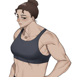  1girls abs artist_request blush brown_eyes brown_hair disney encanto female female_only gym_clothes latina light-skinned_female luisa_madrigal muscular muscular_female navel sports_bra 