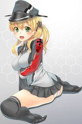  absurdres anchor_hair_ornament ass black_thighhighs blush breasts commentary_request cross ecou female green_eyes hair_ornament hat highres iron_cross jacket kantai_collection large_breasts long_sleeves looking_at_viewer md5_mismatch open_mouth over-kneehighs panties pantyshot prinz_eugen_(kancolle) resolution_mismatch sailor_hat sitting skirt smile solo source_larger thighhighs twintails underwear wariza white_panties 