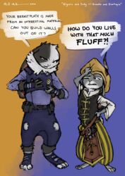  2016 alternate_costume anthro armello axelegandersson clothed clothing clothing_swap crossover dewlap_(anatomy) dialogue disney duo elyssia_(armello) english_text female fur grey_body grey_fur hat headgear headwear hi_res judy_hopps lagomorph league_of_geeks leporid mammal medieval neck_tuft police police_uniform purple_eyes rabbit renaissance speech_bubble text tuft uniform yellow_eyes zootopia 