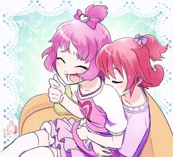  2013 2girls aida_mana arms_around_waist bad_id bad_pixiv_id blush bow closed_eyes couch couple dokidoki!_precure half_updo happy hug hug_from_behind kamiyama_kenta kissing_shoulder multiple_girls open_mouth personification pink_bow pink_eyes pink_hair precure sharuru_(dokidoki!_precure) sharuru_(dokidoki!_precure)_(human) short_hair sitting sitting_on_lap sitting_on_person wavy_mouth yuri 