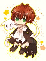  artist_request bad_link boots bow brown_hair canine chibi ecchan fenrir_(matantei_loki_ragnarok) green_eyes loki_(matantei_loki_ragnarok) matantei_loki_ragnarok smile traditional_media 