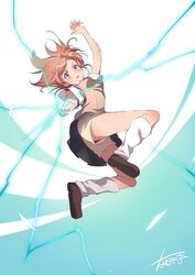  brown_eyes brown_footwear brown_hair brown_shorts commentary_request electricity electrokinesis female full_body loafers loose_socks misaka_mikoto nakayama_yuuji school_uniform shoes shorts shorts_under_skirt socks solo toaru_kagaku_no_railgun toaru_majutsu_no_index tokiwadai_school_uniform 