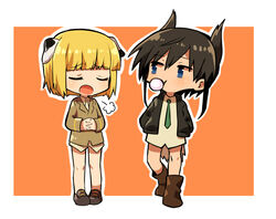  147 2girls :t animal_ears bird_girl bird_tail black_hair blonde_hair blowing_bubbles blue_eyes chibi commentary_request dog_ears dog_girl dominica_s._gentile hands_in_pockets head_wings jane_t._godfrey multiple_girls necktie no_pants open_mouth own_hands_together strike_witches:_kurenai_no_majo-tachi tail wings world_witches_series 