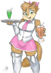  accessory alvin_and_the_chipmunks alvin_and_the_chipmunks_(live-action) anthro beverage blush bottomwear bow_(feature) bow_accessory bow_ribbon breasts brittany_miller chipmunk clothed clothing diasfox female green_eyes ground_squirrel hair_accessory hair_ribbon hairbow legwear mammal miniskirt necktie ribbons rodent sciurid simple_background skirt solo thigh_highs waiter waitress_uniform white_background 