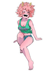  ^_^ ashido_mina bad_id bad_pixiv_id bare_shoulders barefoot blush boku_no_hero_academia breasts cleavage closed_eyes collarbone colored_skin commentary_request crop_top denim denim_shorts feet female full_body hachuurui happy highres horns legs medium_breasts midriff navel open_mouth pink_hair pink_skin shirt short_hair shorts simple_background sitting smile solo tank_top teeth tied_shirt white_background 