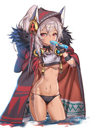  arm_behind_back azur_lane bikini bikini_bottom_only bodypaint breast_curtain breasts cloak commentary contrapposto dark-skinned_female dark_skin drinking facepaint female fingerless_gloves fur-trimmed_cloak fur_trim gloves grey_hair hair_between_eyes halterneck highres hood jujumaho_(nanigaxila) looking_at_viewer medium_breasts midriff minneapolis_(azur_lane) native_american navel open_clothes ponytail ramune red_eyes revealing_clothes side-tie_bikini_bottom soda_bottle solo standing sweat swimsuit underboob water 