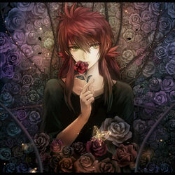  1boy bug butterfly commentary flower holding holding_flower kurama_(yu_yu_hakusho) long_hair looking_at_viewer male_focus nishikawa_(fe) red_flower red_hair red_rose rose solo thorns upper_body yellow_eyes yu_yu_hakusho 