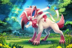  artist_name blue_eyes blue_sky blurry bow claws collaboration commentary day depth_of_field english_commentary eric_proctor fighting_stance flower forest full_body fusion grass light_particles light_rays lycanroc lycanroc_(midnight) nature no_humans open_mouth outdoors pokemon pokemon_(creature) prehensile_ribbon ringed_eyes seoxys6 sharp_teeth signature sky standing sunbeam sunlight sylveon teeth tree 