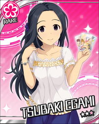  artist_request black_eyes black_hair bracelet card_(medium) character_name drawing_(object) egami_tsubaki female flower_(symbol) idolmaster idolmaster_cinderella_girls jewelry long_hair official_art pink_background solo 