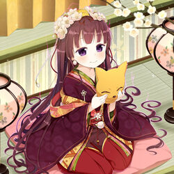  blush brown_hair commentary_request cushion female flower fox_mask hair_flower hair_ornament japanese_clothes kidatsu!_dungeons_lord kimono layered_clothes layered_kimono long_hair looking_at_viewer mask muku_(muku-coffee) original purple_eyes seiza sitting smile solo sparkle tatami zabuton 