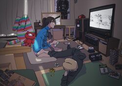  1boy akira_(manga) commentary_request female game_console glasses gloomy_bear highres indoors jersey kim_taemyung messy_room original playing_games playstation_4 ponytail room stuffed_animal stuffed_toy television 