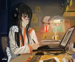  bad_link beats_by_dr._dre black_hair blue_eyes book cable cellphone chair charger computer computer_mouse desk drawing drawing_tablet drink electric_plug female figure flower_pot fluorescent_lamp glasses hand_on_own_face hatsune_miku lamp laptop long_hair lu&quot; on_desk original painttool_sai paper pen phone plant poster_(medium) red-framed_eyewear robe scrunchie self-portrait signature sitting smartphone smile solo steam sticky_note thinkpad vocaloid windows_7 