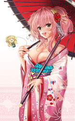  :d absurdres blush breasts brown_eyes character_doll cleavage commentary_request female hair_ornament highres idolmaster idolmaster_cinderella_girls idolmaster_cinderella_girls_starlight_stage japanese_clothes jougasaki_mika jougasaki_rika kimono large_breasts looking_at_viewer moonbo nail_polish off_shoulder oil-paper_umbrella open_mouth pink_hair pink_kimono red_nails short_twintails smile solo twintails umbrella 