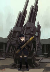  12.8_flakzwilling anti-aircraft_gun bird_girl black_thighhighs boots coat female glasses gloves grey_hair hat head_wings heidimarie_w._schnaufer highres kanokoga long_hair military military_uniform peaked_cap photoshop_(medium) red_eyes solo strike_witches thighhighs uniform wings world_witches_series 