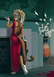  2016 african_golden_cat anthro ass blonde_hair blood bodily_fluids butt_pose caracal_(genus) carnation chimney cigarette cigarette_holder clothed clothing crime danger dangerous demure digital_media_(artwork) dress ear_piercing elegant felid feline female femme_fatale flower grey_eyes gun hair inside looking_at_viewer mammal piercing plant pose ranged_weapon shaded shinigamigirl shinnie_(shinigamigirl) solo submachine_gun tattoo thompson_gun weapon 