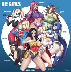  6+girls :3 animal_hood ass ass_visible_through_thighs batman_(series) bent_over black_hair blonde_hair bodysuit bracer breasts cape cat_hood catwoman character_name cleavage_cutout clothing_cutout colored_skin commentary_request covered_nipples curvy dc_comics domino_mask forehead_jewel gloves goggles green_skin harley_quinn highres hood huge_breasts impossible_bodysuit impossible_clothes impossible_leotard impossible_shirt large_breasts leaning_forward legs_apart lens_flare leotard looking_at_viewer magic mask monster_girl multiple_girls navel onomeshin pale_skin paw_pose photoshop_(medium) plant_girl poison_ivy power_girl purple_hair raven_(dc) red_cape red_hair revision selina_kyle shirt sleeved_leotard standing starfire stomach supergirl superhero_costume superman_(series) teen_titans thigh_gap thighhighs tiara toned twintails wonder_woman wonder_woman_(series) 