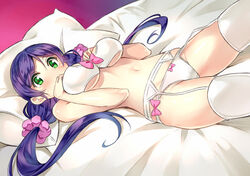  bed bed_sheet blush bra breasts commentary female garter_belt green_eyes hand_on_own_chest lingerie long_hair looking_at_viewer love_live! love_live!_school_idol_project medium_breasts navel panties purple_hair shitou_(1992116210) side-tie_panties solo stomach thighhighs tojo_nozomi twintails underboob underwear underwear_only very_long_hair white_bra white_panties white_thighhighs 