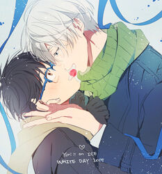  2017 2boys bad_id bad_pixiv_id black_gloves black_hair blue_eyes blush brown_eyes candy copyright_name eunram eye_contact food glasses gloves katsuki_yuuri looking_at_another male_focus multiple_boys open_mouth photoshop_(medium) scarf shared_food smile viktor_nikiforov white_day white_hair yaoi yuri!!!_on_ice 