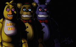  animatronic anthro avian bear bird bonnie_(fnaf) bow_(feature) bow_tie chica_(fnaf) chicken fiszi five_nights_at_freddy&#039;s freddy_(fnaf) galliform gallus_(genus) glowing glowing_eyes group hi_res lagomorph leporid machine mammal phasianid rabbit robot scottgames 