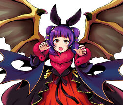  animal_ears bat_ears commentary_request dragon_wings dress fake_animal_ears female fire_emblem fire_emblem:_the_sacred_stones fire_emblem_heroes fur_trim halloween halloween_costume hekichino_toaru long_sleeves multi-tied_hair myrrh_(fire_emblem) myrrh_(halloween)_(fire_emblem) oerba_yun_fang open_mouth photoshop_(medium) purple_hair red_eyes simple_background solo twintails white_background wings 