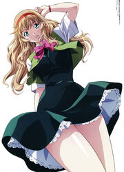  absurdres aqua_eyes arm_behind_head black_dress bow bowtie breasts cowboy_shot dress dutch_angle female from_below green_vest grey_hair hairband hand_up highres ikkitousen ikkitousen_great_guardians impossible_clothes impossible_dress lace large_breasts legs_together long_hair looking_at_viewer md5_mismatch narrow_waist official_art open_clothes open_vest parted_lips petticoat photoshop_(medium) purple_bow purple_bowtie red_hairband ribbon rin-sin scan school_uniform shirt short_sleeves simple_background solo sonken_chuubou standing thighs vest watch wavy_hair white_background white_shirt wristwatch 