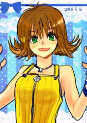  breasts brown_hair commentary_request dress female final_fantasy final_fantasy_viii flipped_hair green_eyes open_mouth selphie_tilmitt short_hair smile solo yadoso yellow_dress 