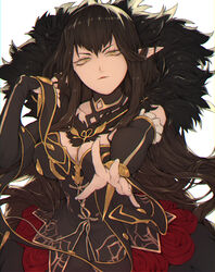  bad_id bad_pixiv_id bare_shoulders black_dress black_hair breasts bridal_gauntlets cleavage commentary_request cowboy_shot detached_collar detached_sleeves dress fate/apocrypha fate/grand_order fate_(series) female fur_trim highres jewelry large_breasts long_dress long_hair looking_at_viewer necklace outstretched_arm outstretched_hand pointy_ears sanmon_(mekko0929) semiramis_(fate) solo spikes very_long_hair yellow_eyes 