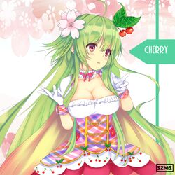  ahoge breasts character_name cherry cherry_blossoms cherry_print cleavage commentary_request detached_collar dress female flower flower_knight_girl food food_print fruit gloves green_hair hair_flower hair_ornament large_breasts light_green_hair long_hair name_connection object_namesake pink_eyes sakuranbo_(flower_knight_girl) solo suzume_(simple0091) white_gloves 