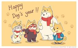  2018 ailurid anthro bear canid canine canis clothed clothing domestic_dog english_text fur group kui lagomorph leporid male mammal overweight overweight_male polar_bear rabbit red_panda scarf simple_background text ursine white_body white_fur wonder_parade 