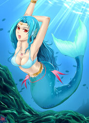  armpits arms_behind_head arms_up bad_id bad_pixiv_id bikini bikini_top_only blue_hair bracelet breasts circlet cleavage female fins fish head_fins highres jewelry light_rays long_hair looking_at_viewer medium_breasts mermaid monster_girl navel necklace open_mouth original pazuzu438 photoshop_(medium) red_eyes scales seashell shell solo starfish sunbeam sunlight swimsuit underwater 