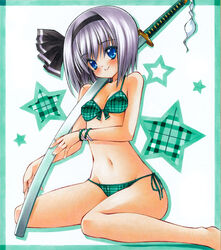  bad_id bad_pixiv_id bikini blue_eyes female grey_hair hairband katana konpaku_youmu short_hair sitting swimsuit sword touhou wariza weapon yuto_takumi 